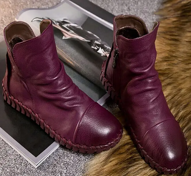 Ботинки женские короткие из натуральной кожи с бархатной подкладкой|flat boots|women snow