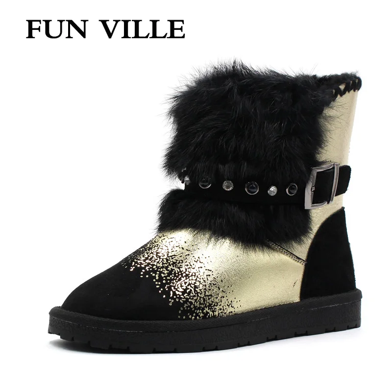 

FUN VILLE New Fashion Woman snow boots gold silver Real Fur Wool Ankle boots warm Winter Shoes for Women size 34-43