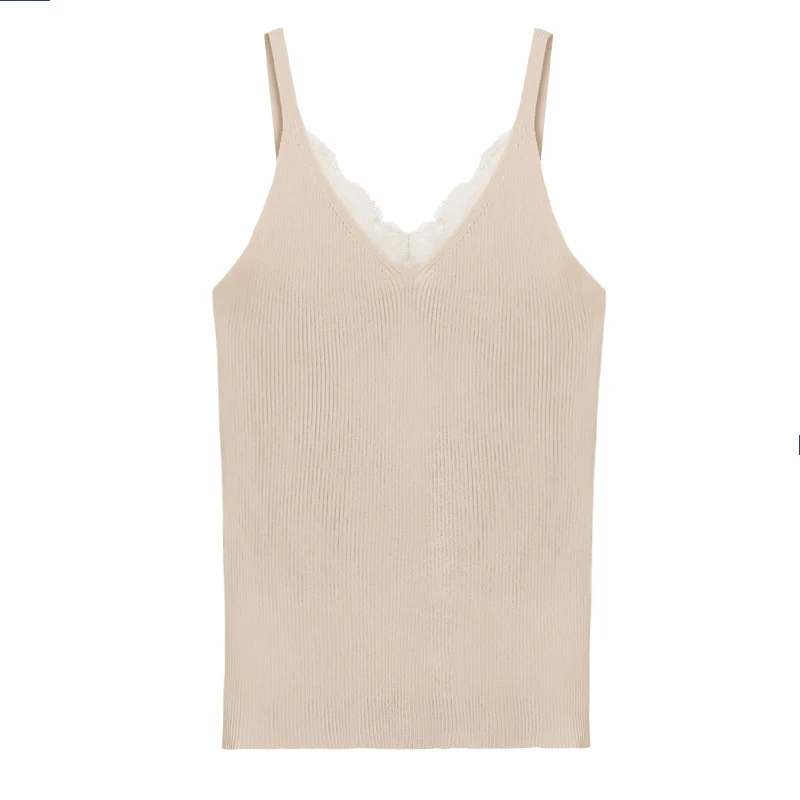 

Summer Women Knitting Solid Camis Tops Sleeveless Tee shirts Girls Solid Tops Knitwear Patch Lace Neck Edge 9-276