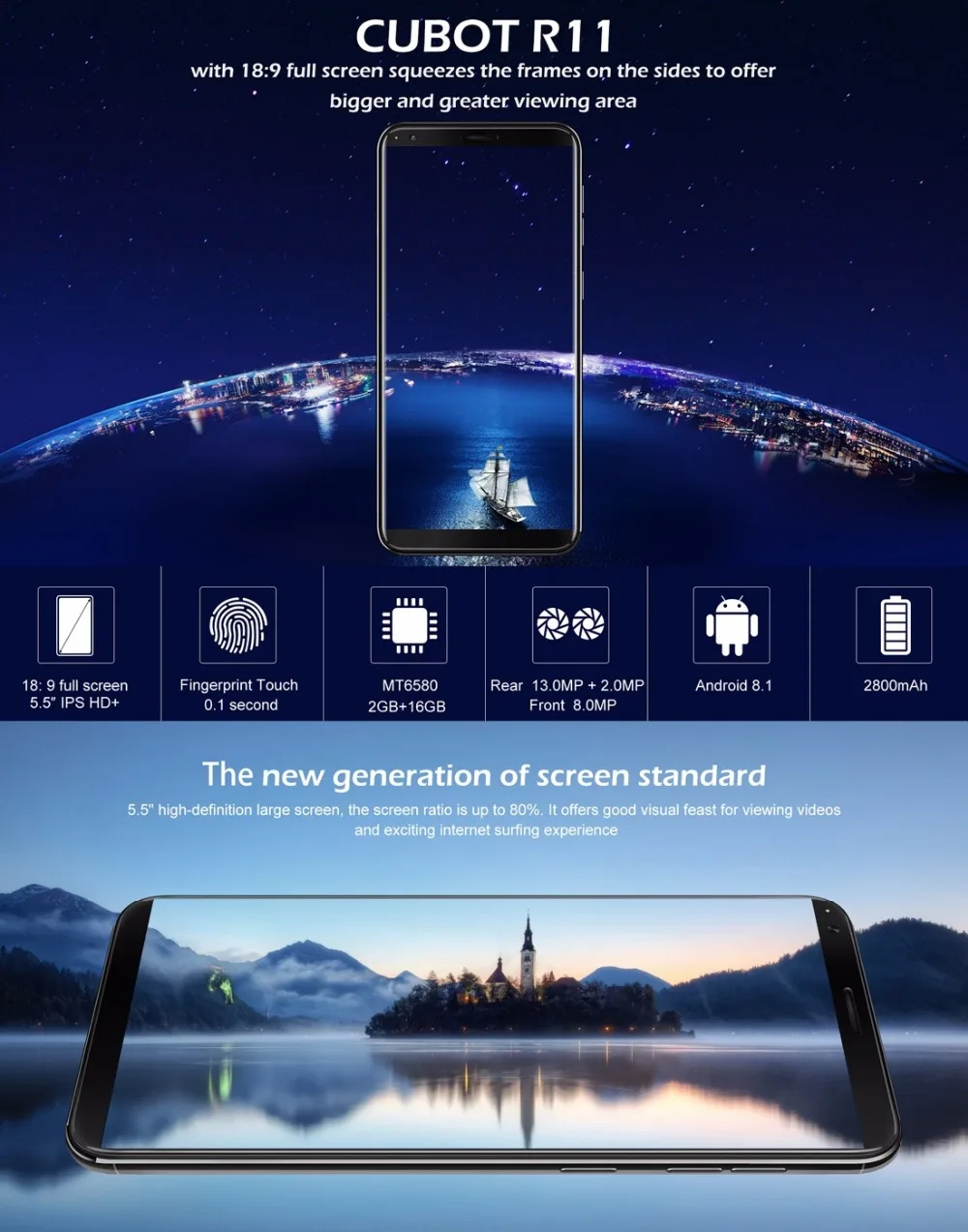 CUBOT R11 Смартфон Android OS 8 1 5 &quot1440x720 HD + Экран MTK6580 4 ядра 2 ГБ 16 Встроенная память 3g 13.0MP