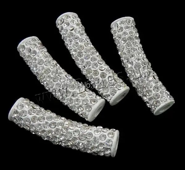 Free shipping!!!Zinc Alloy Tube Beads Bulk Jewelry painted with rhinestone white nickel lead &amp cadmium free 38x11x10mm | Украшения и