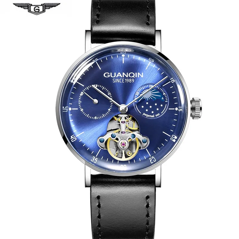 Blue GUANQIN часы Мужские механические 3D Curver Tourbillon автоматические водонепроницаемые часы мужские наручные часы со скелетом Relogio Masculino - Цвет: Blue
