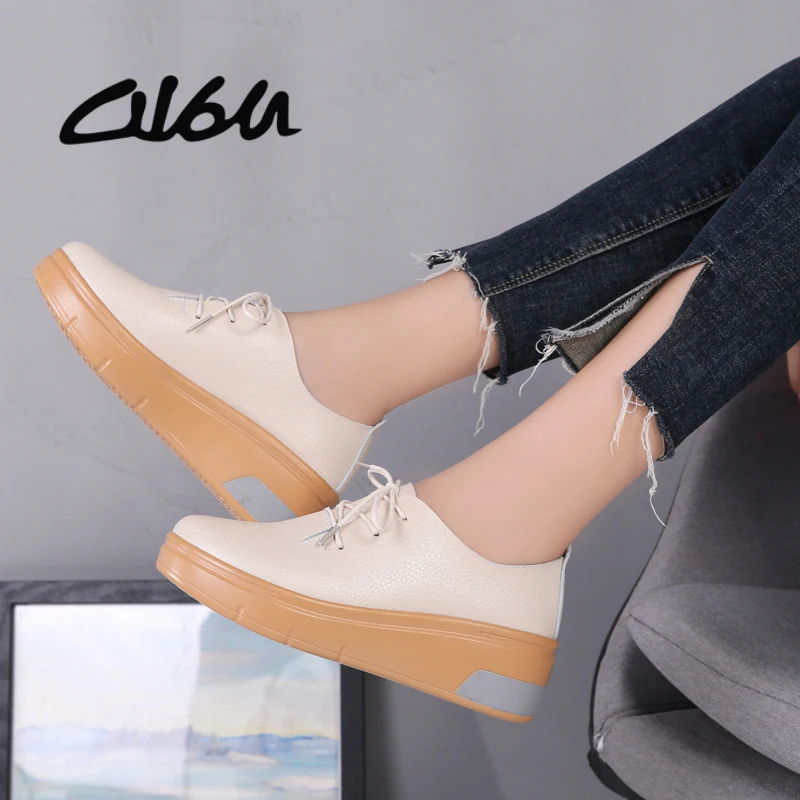 O16U Winter Women Casual Shoes Genuine Leather Lace up Flat Platform Fashion Oxfords Ladies Black Plush Flats Spring | Обувь
