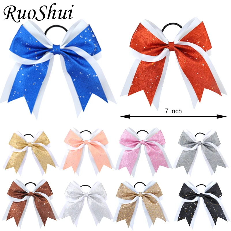 

12PCS/LOT 7" Girls Large Cheerleading Hiar Bow Glitter Grosgrain Ribbon Elastic Hair Bands Ponytail Women Hair Bows Headwear