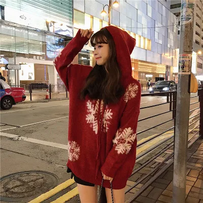 2018 autumn and winter new snowflake hooded lace pullover sweater Christmas loose red female | Женская одежда