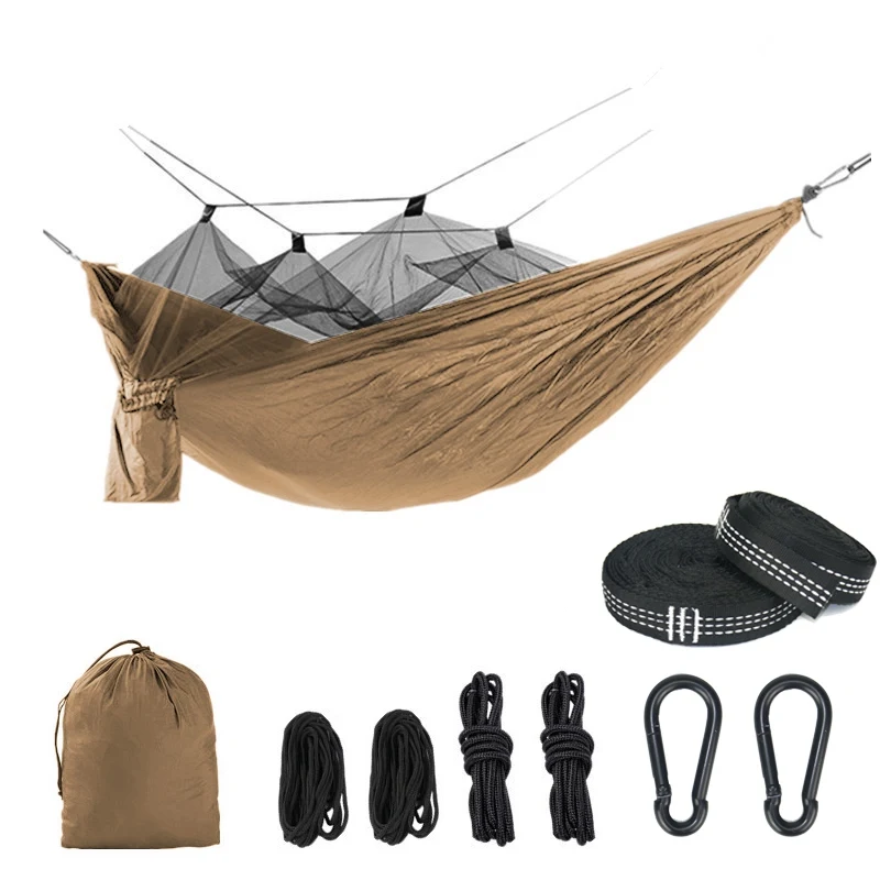 brown Single Person Portable Outdoor Camping Hammock With Mosquito Net 8pc accessories Adult Sleeping Bed Picnic Hanging Bed Hammock - Цвет: brown