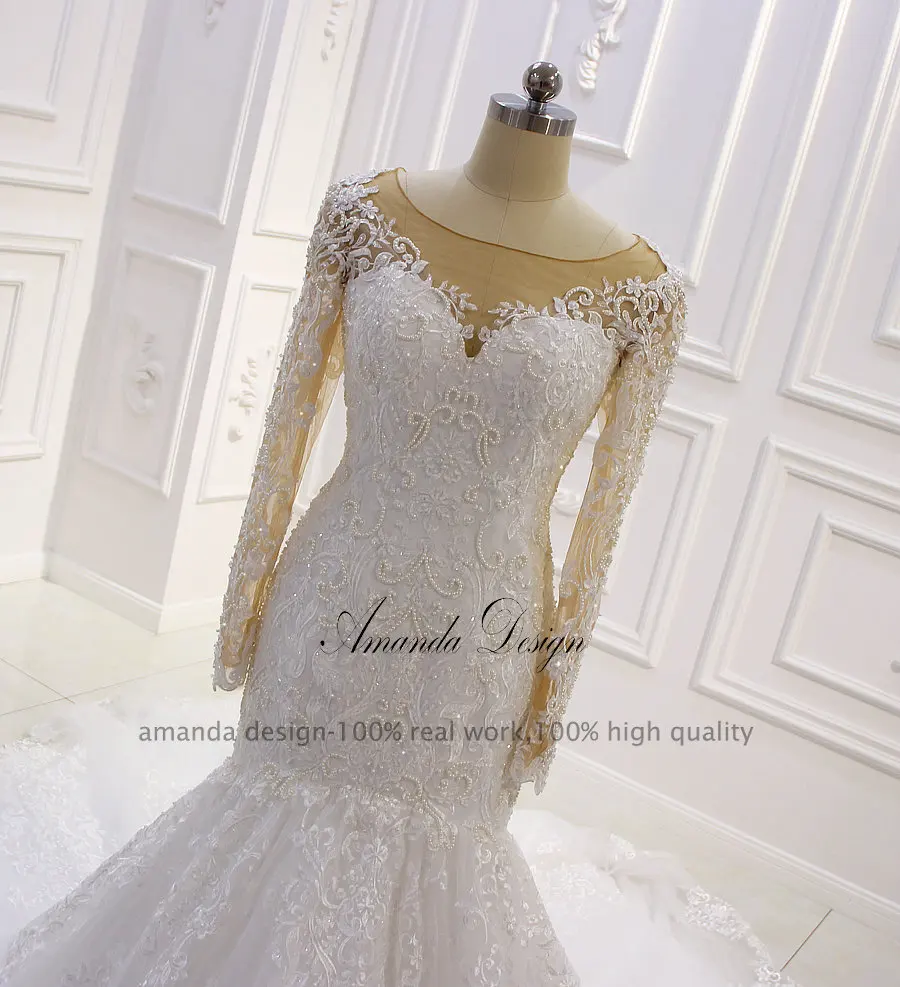 Слоновая кость Аманда дизайн abiti da sposa с длинными рукавами аппликационные Жемчужины для Кружева Русалка свадебное платье - Цвет: Слоновая кость