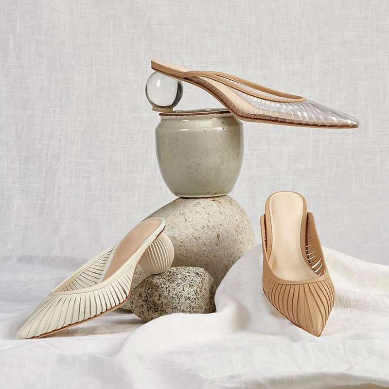 Шлепанцы женские на странном каблуке заостренный носок Прозрачный каблук