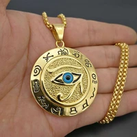 stainless steel geometric round eye of horus pendant necklace for men hip hop rapper jewelry with 24 gold box chain