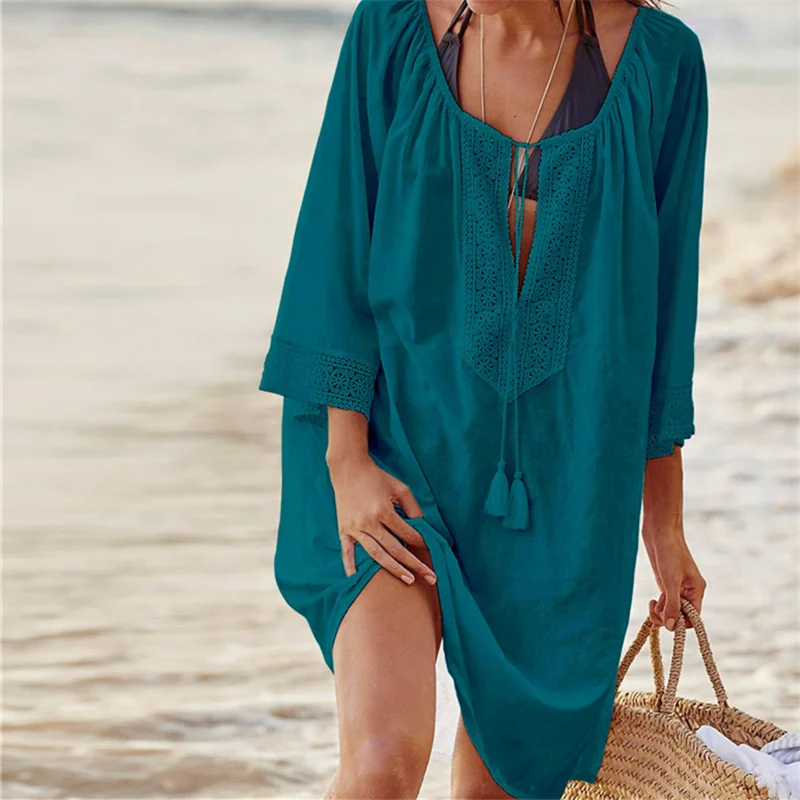

Women Elegant Vintage Tunic Beach Dress Bikini Cover Up Cotton 2021 Summer Dresses Bohemian Dresses Summer Dress Vestidos