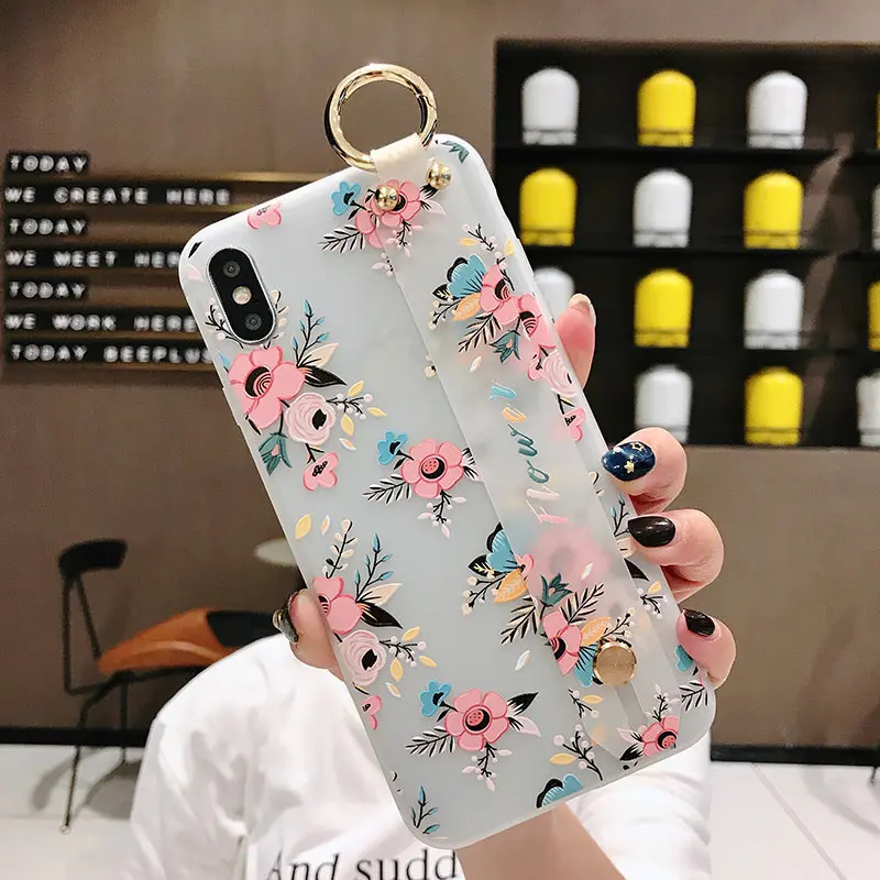 Pattern 2 Силиконовый чехол с цветами для iPhone XS Max XR X 10 браслет-держатель 3D рельефный чехол с рисунком для iPhone 6 S 6 S 8 7 Plus чехол для телефона - Цвет: Pattern 2