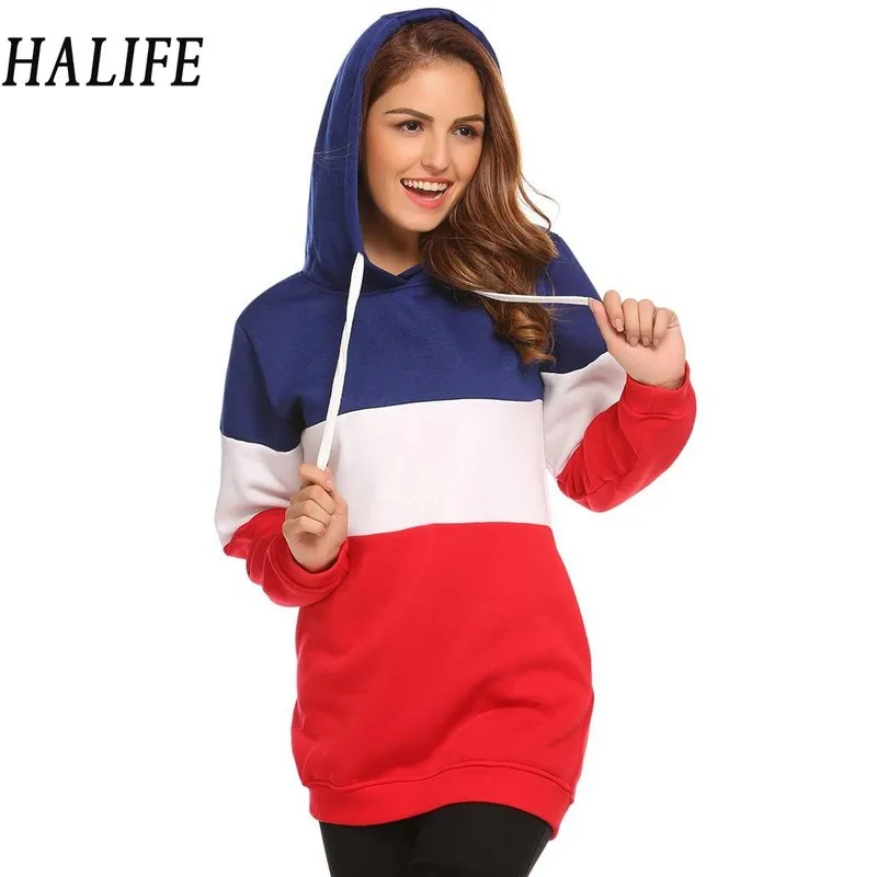 HALIFE толстовки женские теплые контрастного цвета в полоску с флисовой подкладкой