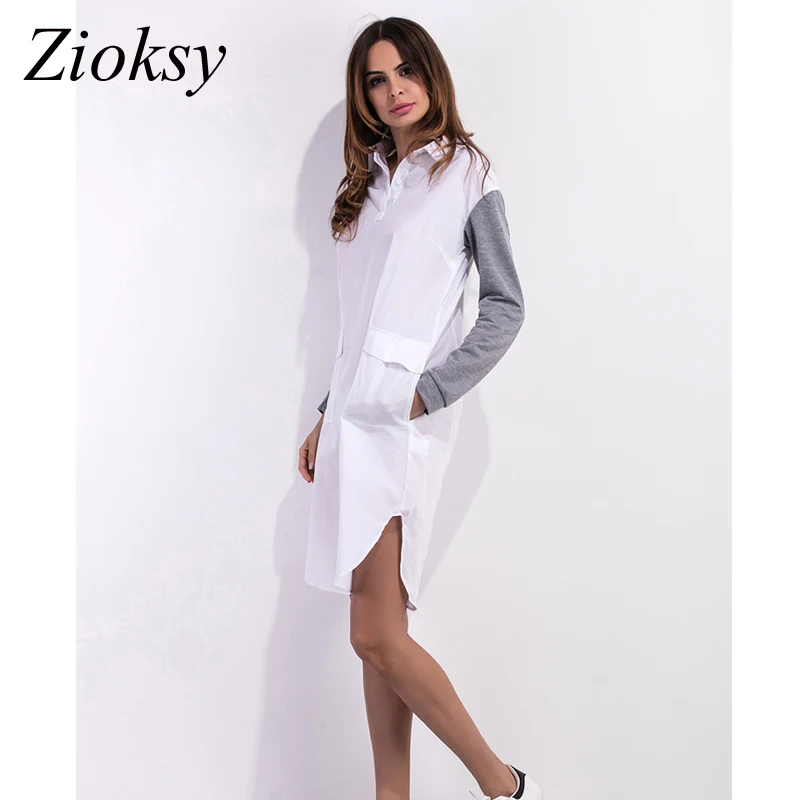 Zioksy Новинка 2017 Осень женские модные белые платья карманы Лоскутная серая рубашка