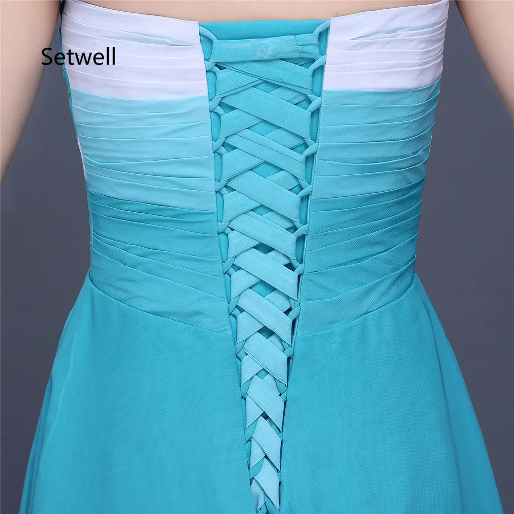 

Setwell New Design High Low Prom Dresses Sequin Strapless Lace Up Back Prom Dress Summer Chiffon Bridesmaid Dress