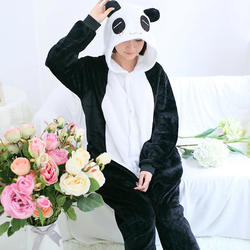 Black Panda Kigurumi Onesie Adult Women Animal Pajamas Suit Flannel Warm Soft Sleepwear Onepiece Winter Warm Pijama Cosplay