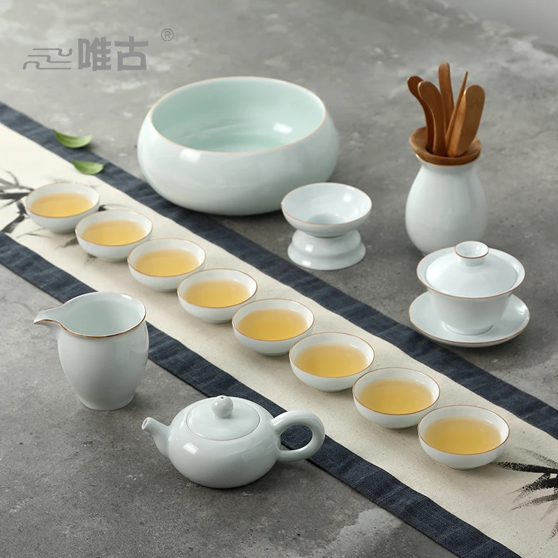 

White glaze tea set Chinese Kung Fu tea set Home simple modern Whole set white porcelain cover bowl teapot teacup Tea-set