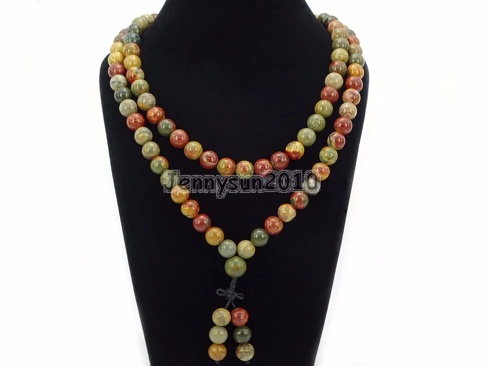 

Natural Picasso Ja-spe 10mm Gems Stone Buddhist 108 Bead Prayer Mala Long Necklace Multi-Purpose Bracelet Necklace 5Strands/Pack