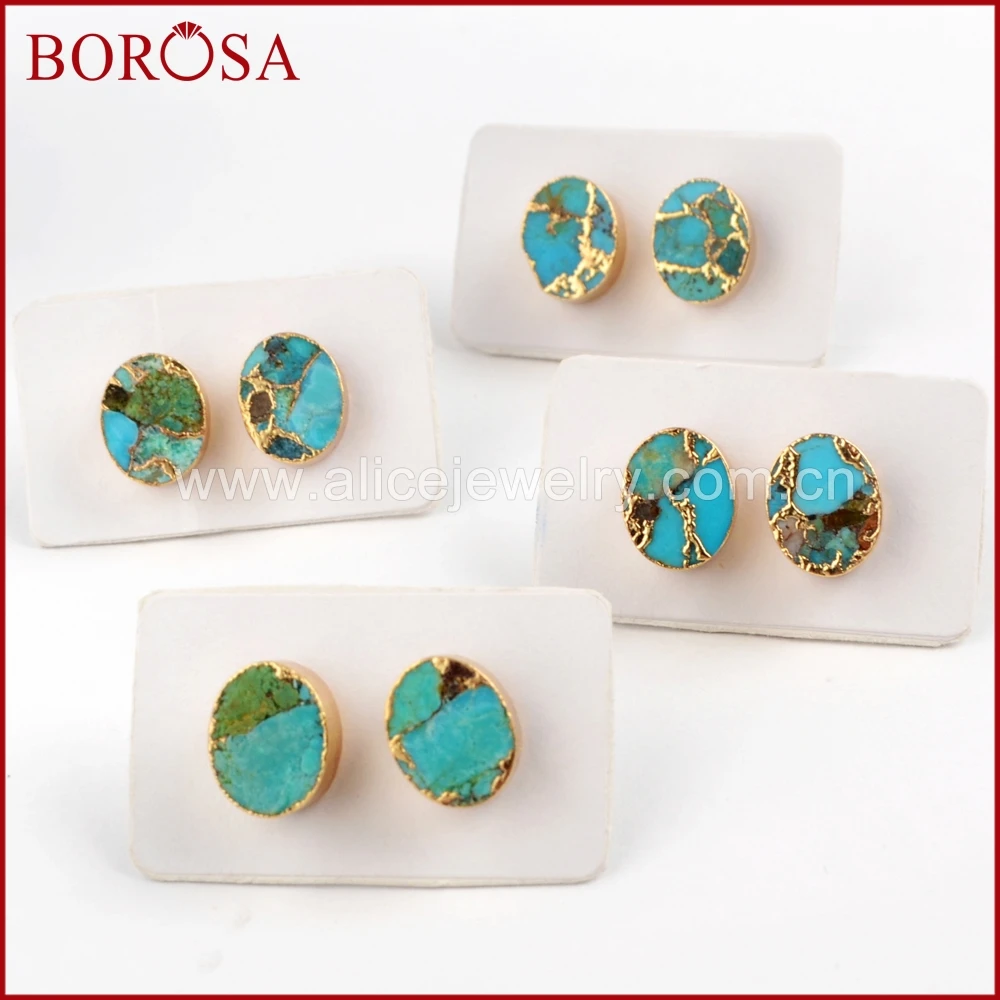 Женские овальные серьги гвоздики BOROSA медные золотистого цвета с натуральным