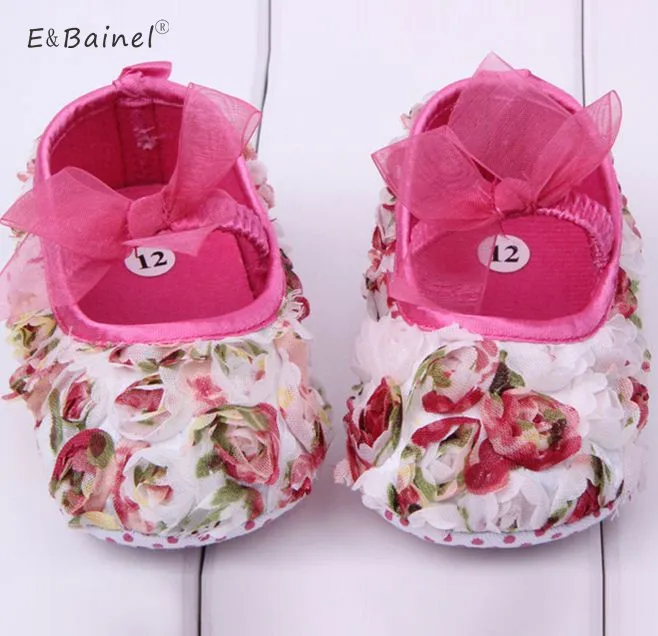 

New Cute Baby Girls Shoes Lace First Walkers Princess Rose Flowers Baby Shoes