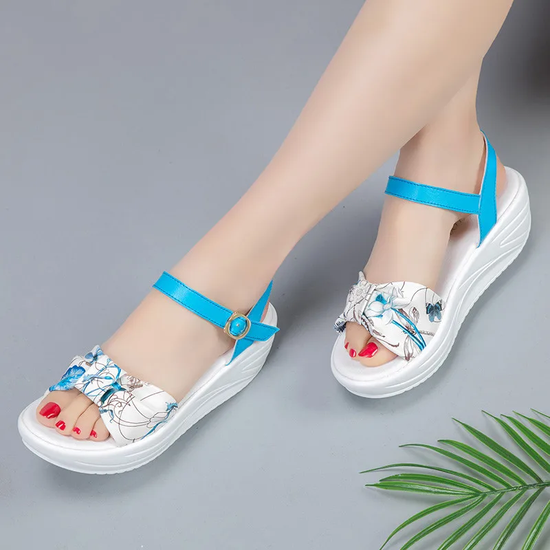 PINSEN/Модные женские босоножки; Босоножки на платформе и высоком каблуке; Женская Повседневная Удобная обувь с цветочным принтом и бантом; женская обувь на ремешке с пряжкой