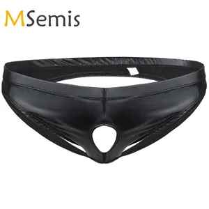 Трусы-бикини мужские, из лакированной кожи, с отверстиями, эластичный пояс