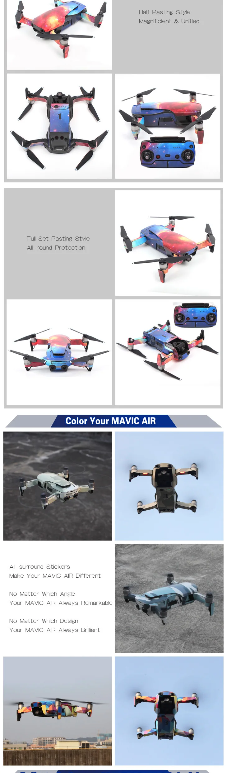 Sunnylife новые чехлы для DJI Mavic Air водонепроницаемые ПВХ крутые наклейки Полный набор боди+ RC+ 3 батареи наклейки для DJI Mavic Air Drone
