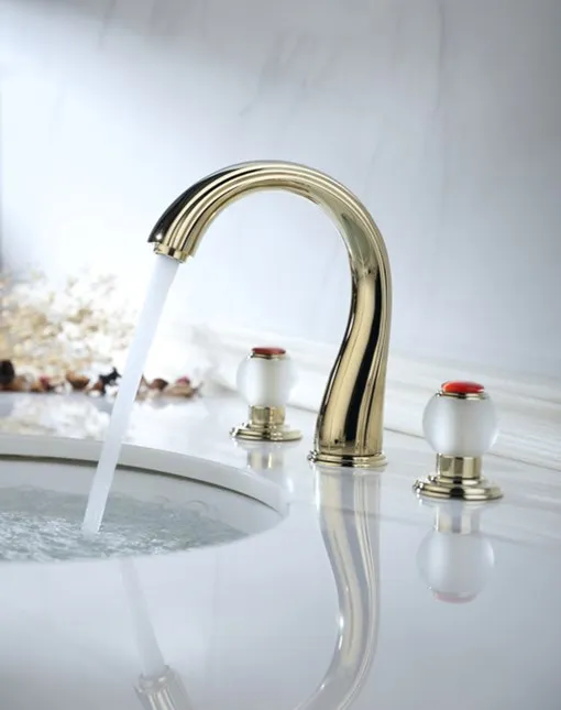 Golden 8&quot Widespread Ceramic Valve Three Holes 3 Sets lavatory Bathroom Sink Faucet Mixer tap Frosted crystal handles New |
