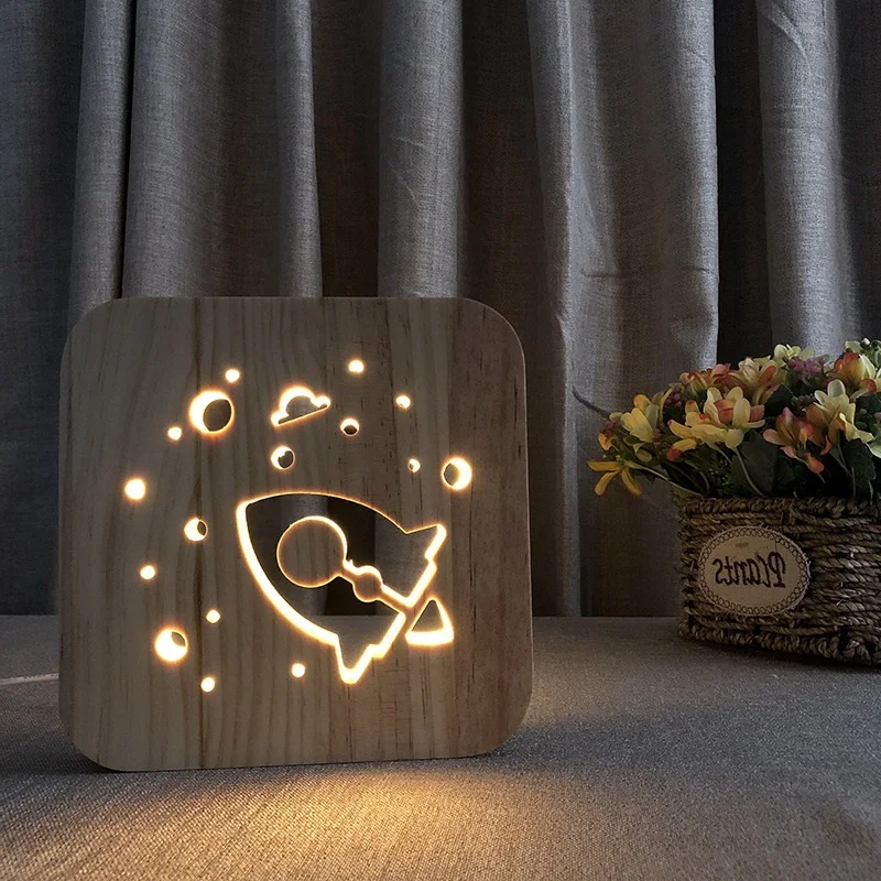 Новинка дерево ночник деко ракета USB настольные лампы 3D визуальная спальня