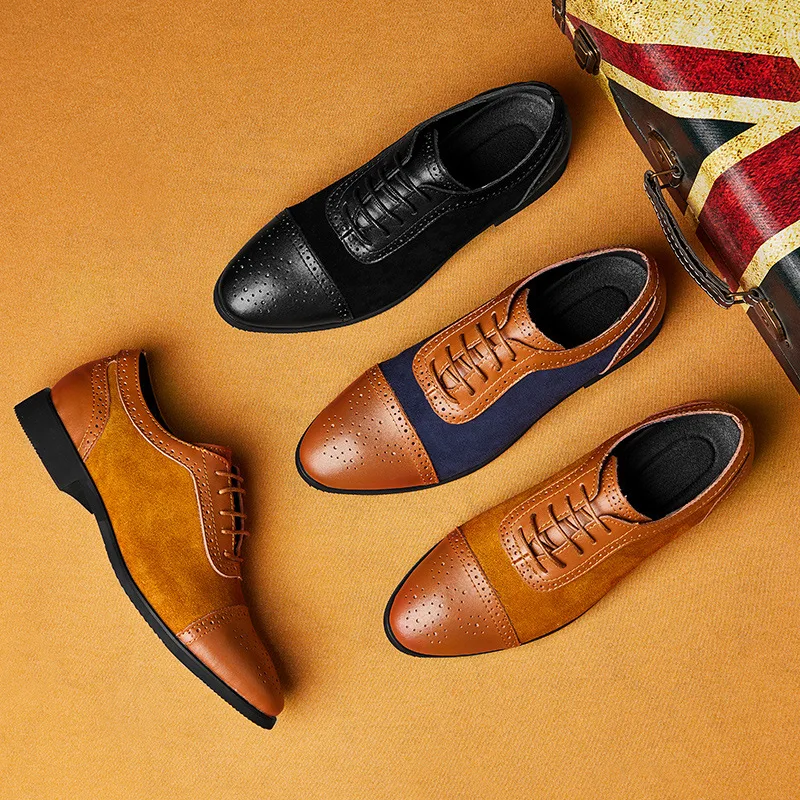 

British Style Men Genuine Leather Brogues Shoes Pointed Toe Patch Work Vintage Carved Wing Oxford Shoes For Men Banquet Shoes
