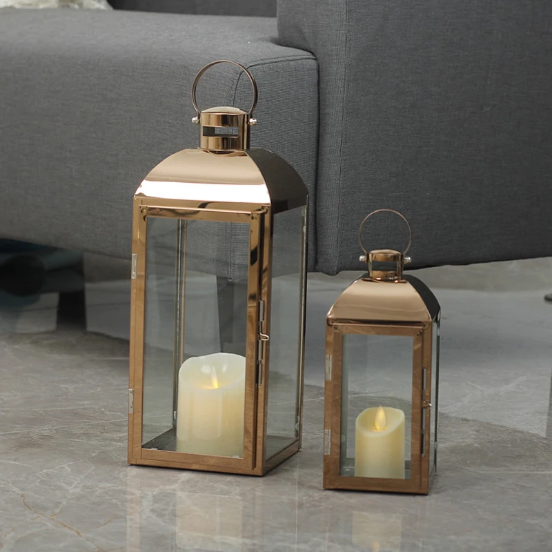 Nordic Lantern Candle Holder Rose Gold Stainless steel Candlestick Glass wind lamp candle holder Home Party Decoration Gift