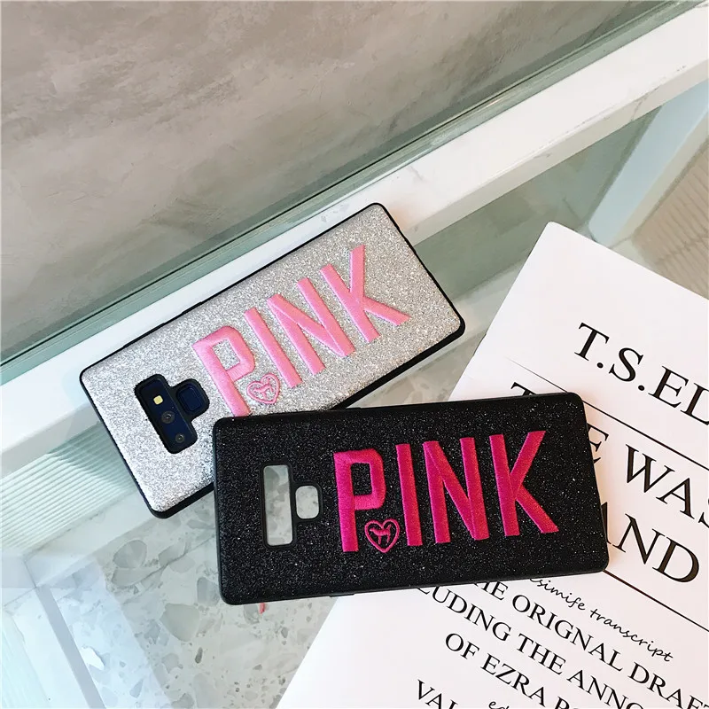 hot Luxury PINK Brand Glitter Embroidery Leather Fashion Hot Cute Pink Case for Samsung Galaxy S8 S9 Plus note 9 Phone cases |