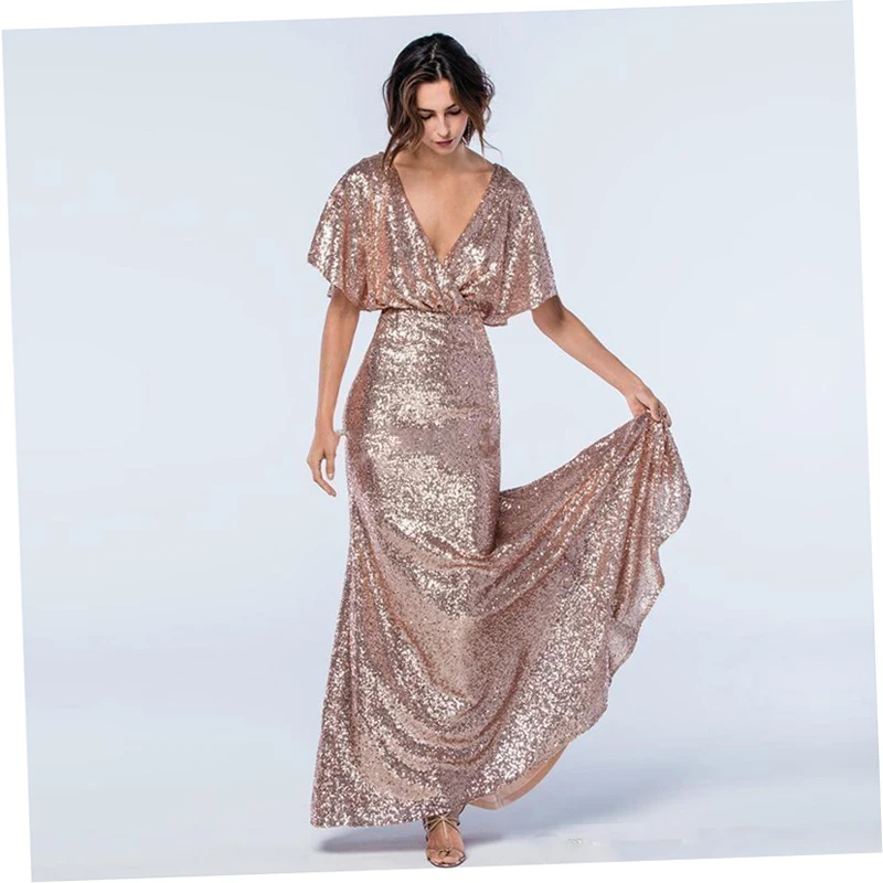Женское вечернее платье русалка розовое золотистое с блестками и глубоким V