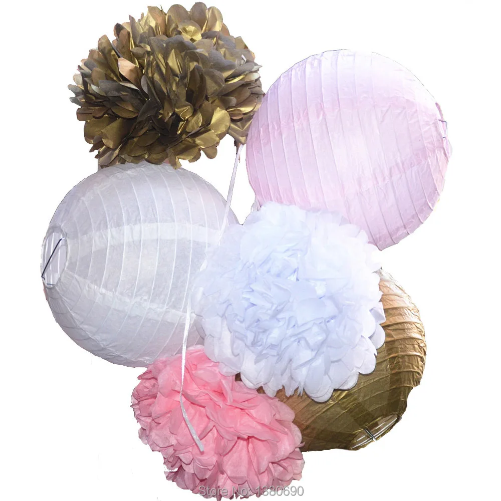 6 шт 8 дюймов (золотой розовый белый) Бумага фонарь ткань Pom Poms Свадебный декор