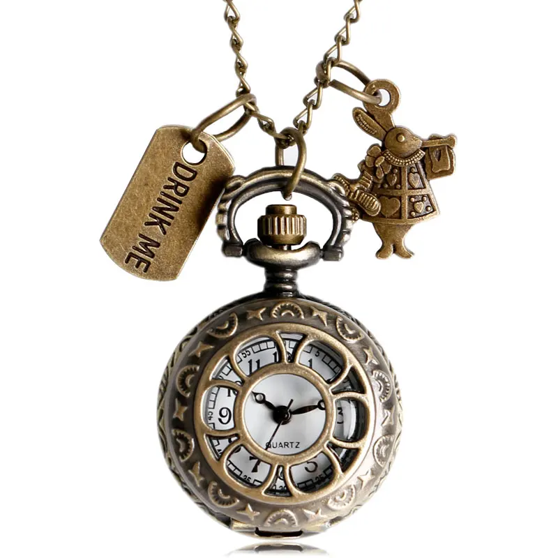 

Gift Women Vintage Alice in Wonderland Necklace Lovely Drink Me Steampunk Rabbit Pocket Watch Hollow Bronze Clock Retro Pendant