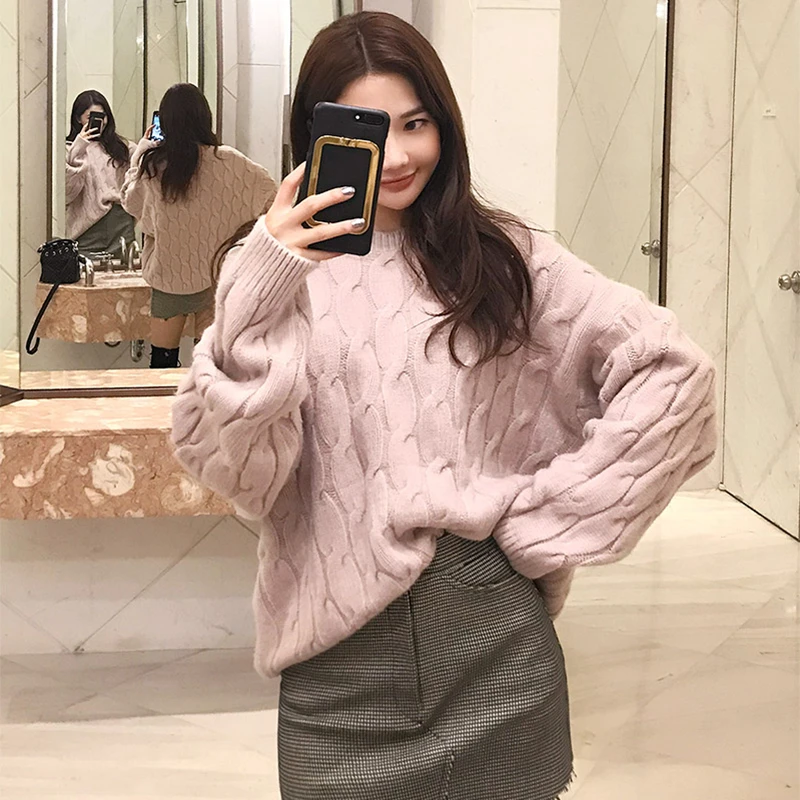 autumn winter new old twisted loose coarse needle rabbit hair blended sluggish thickened knitted sweater. | Женская одежда
