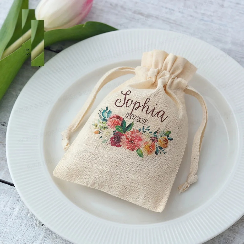 

Free Shipping 100pcs lot Custom logo cotton Anniversary Birthday Bridal shower party gifts bag personalized gift bags wedding