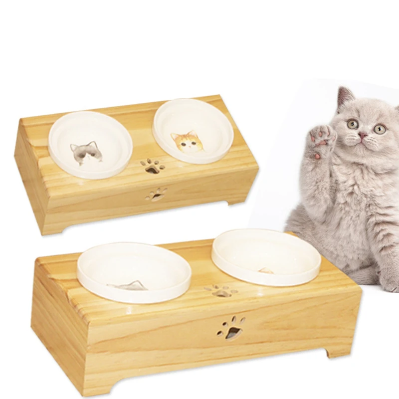 

Миска для домашних животных, из миска-кормушка бамбука, керамическая, с двойным горлышком, для кошек и собак, поилка, высококачественные, Нес...