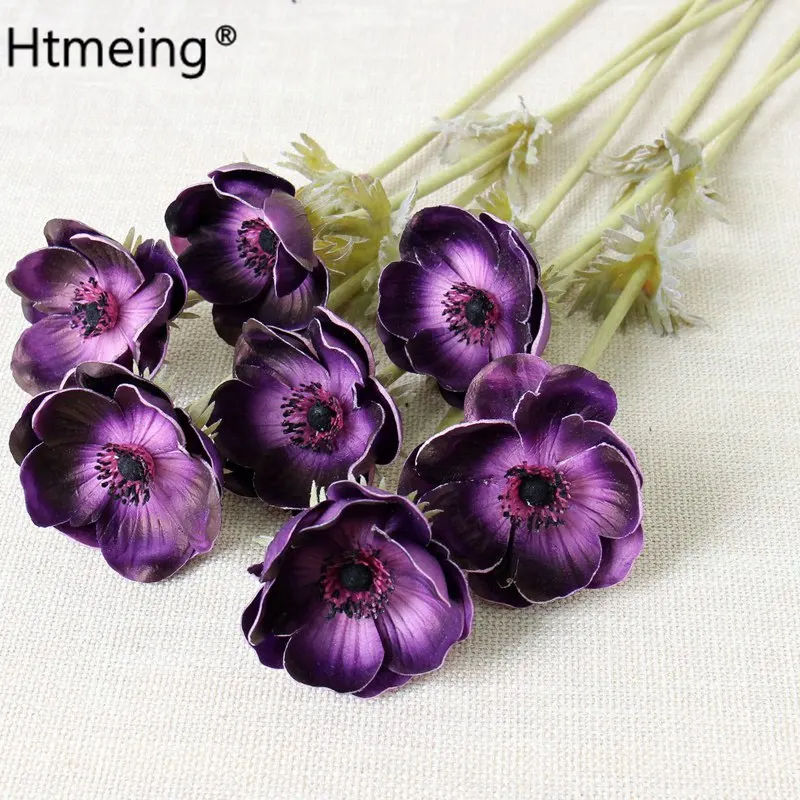 dark purple--7pcs 7 шт., искусственные анемоны, цветы, настоящее прикосновение, маковые ветки, Бургундия, центр для свадебных букетов, центральные украшения, сделай сам, украшение дома - Цвет: dark purple--7pcs