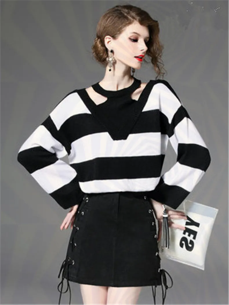 

Women's Striped Sweater and High Waist Mini Fashion 2 piece Dress