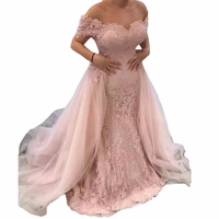 sext mermaid prom dresses formal evening gowns off the shoulder lace appliques with tulle detachable train corset back vestidos
