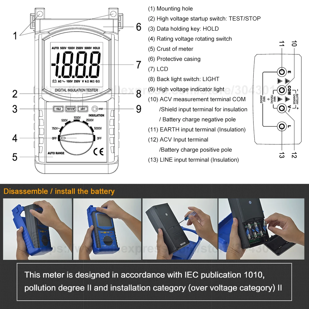 Цифровой тестер сопротивления изоляции HoldPeak 6688F измерители 250 В/500 В/1000 В/2500 В