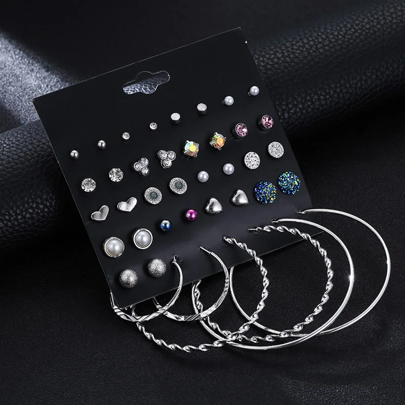 20 Pairs/set Fashion Rhinestone Crystal Pearl Stud Earrings Set For Women Boho Personalized Round Circle Jewelry Gifts | Украшения и