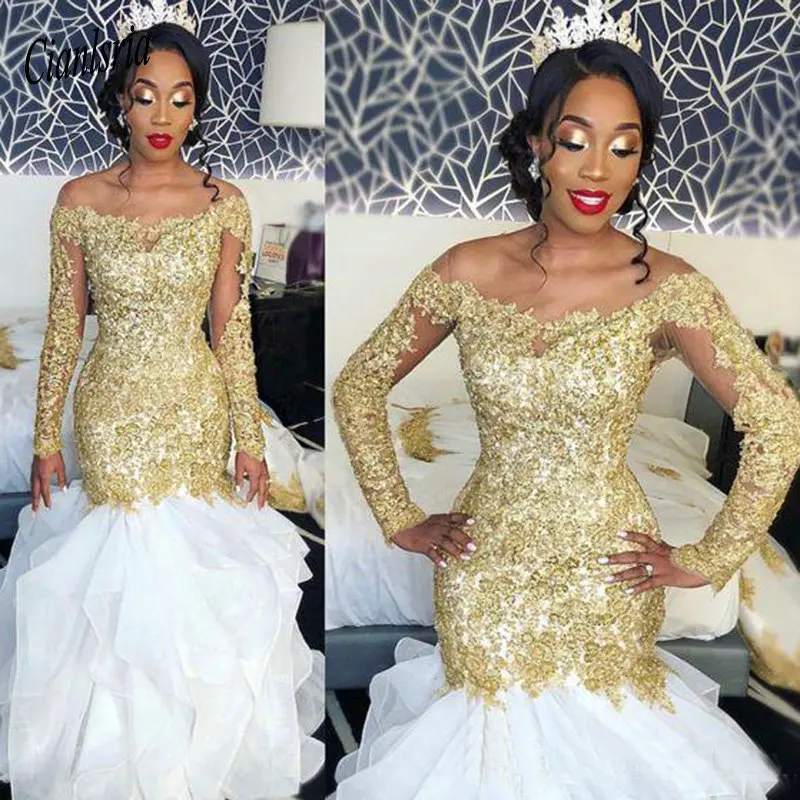 

Middle East Mermaid Prom Dresses 2020 with Long Sleeves Dubai Arabic Occasion Gold Lace Evening Wear Gowns Black Girl