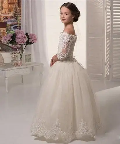 

Lovely ivory flower girl dresses for weddings ball gown lace appliqued off the shoulder kids evening gowns girls pageant dresses