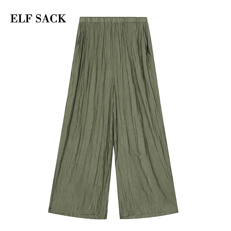 

ELF SACK Vintage Army Green Women Wide Leg Pants 2019 Summer Pleated Casual Female Pants Fashion Streetwear Woman Trousers