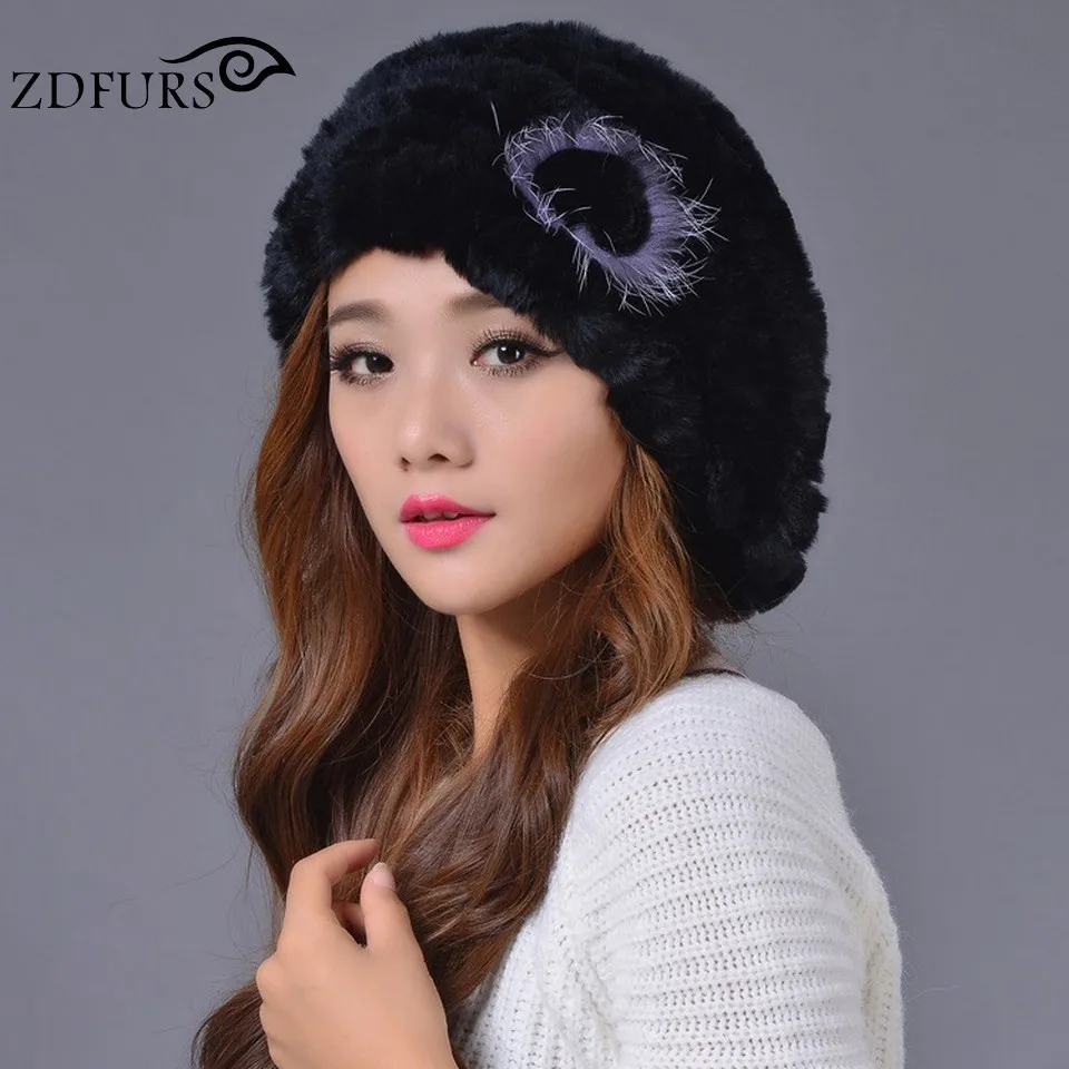 solid black ZDFURS*, зимний Настоящий мех кролика, шапка, берет, зимняя шапка, натуральная женская теплая шапка с лисьим мехом, цветок,, ZDH-161003 - Цвет: solid black