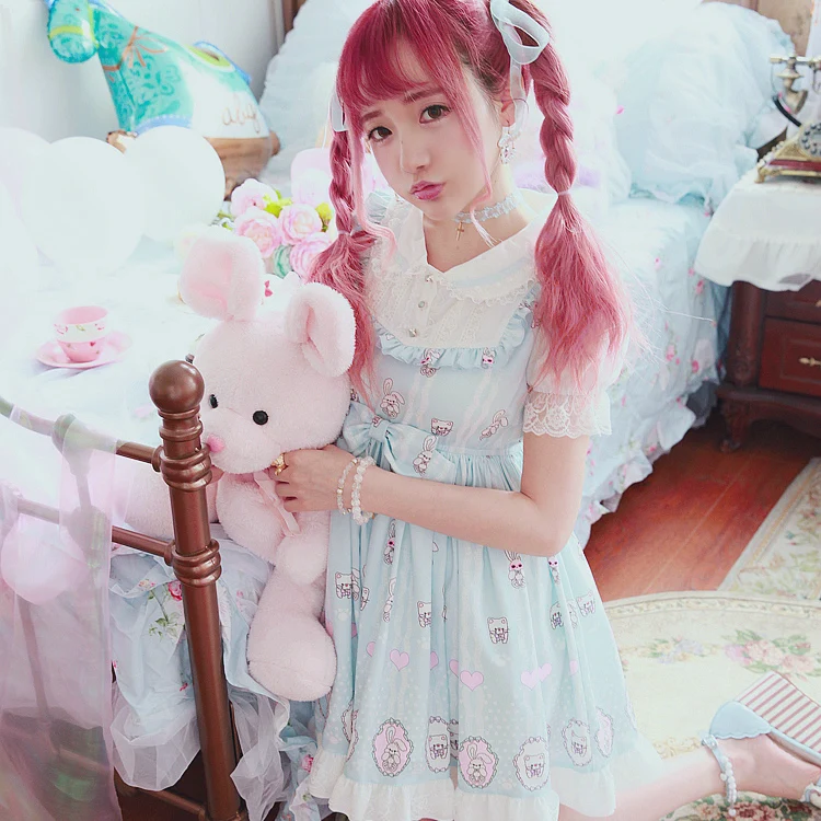 

Princess sweet lolita Bobon21 lolita style Print lace up fake two Chiffon Dress D1485