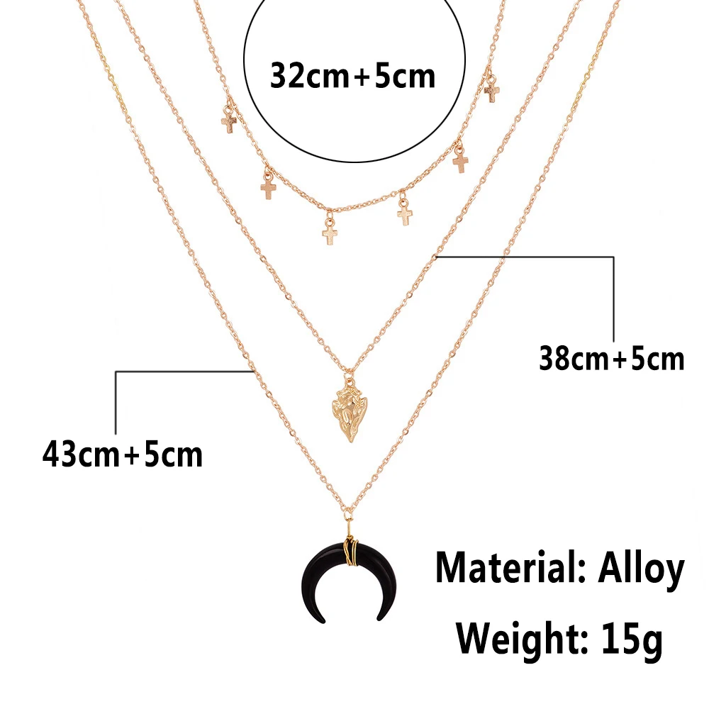 MAA-OE Vintage Fashion Gold Metal Pendant Necklaces For Women Boho Black Moon Stone Cross Geometry Multi Layer Necklace Jewelry | Украшения
