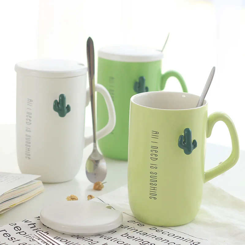 450ml Creative Cactus ceramic mugs embossed cup romantic Drinkware simple coffee Mugs with stainless steel spoon And Lid | Дом и сад