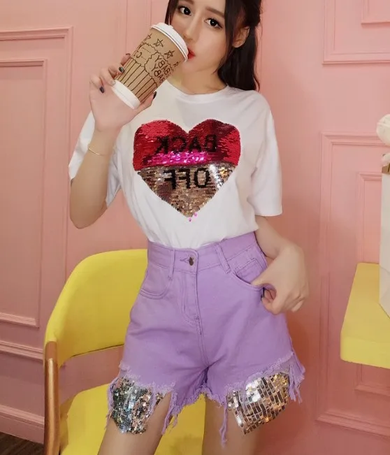 2018 модная летняя женская футболка с короткими рукавами и блестками + джинсовые